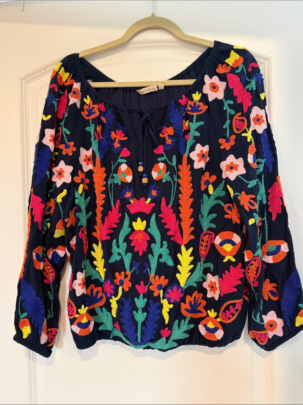 Soft Surroundings Navy Peasant Blouse with Bright Multicolor Embroidery